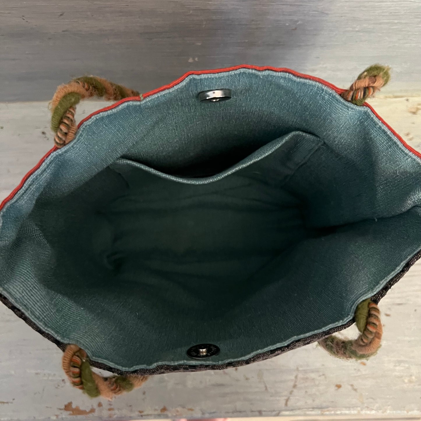 Scarlet Design Multi Pattern Fabric Yarn Handle Shoulder Bag Purse 10x10x4 Good Condition