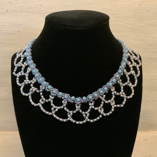 Beautifully Handbeaded Light Blue White Mini Bead Choker Necklace New
