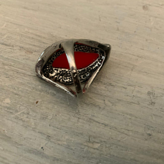 Art Deco Style Coral & Silver Oversized Studded Statement Ring Good Condition