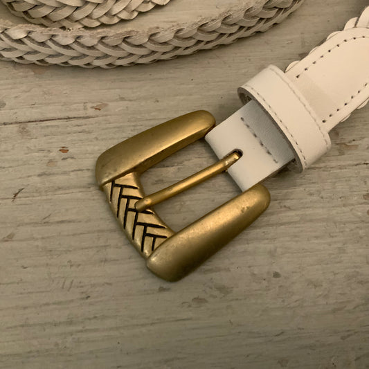 Vintage Chic Braided White Leather Gold Buckle Belt Medium Good Condition