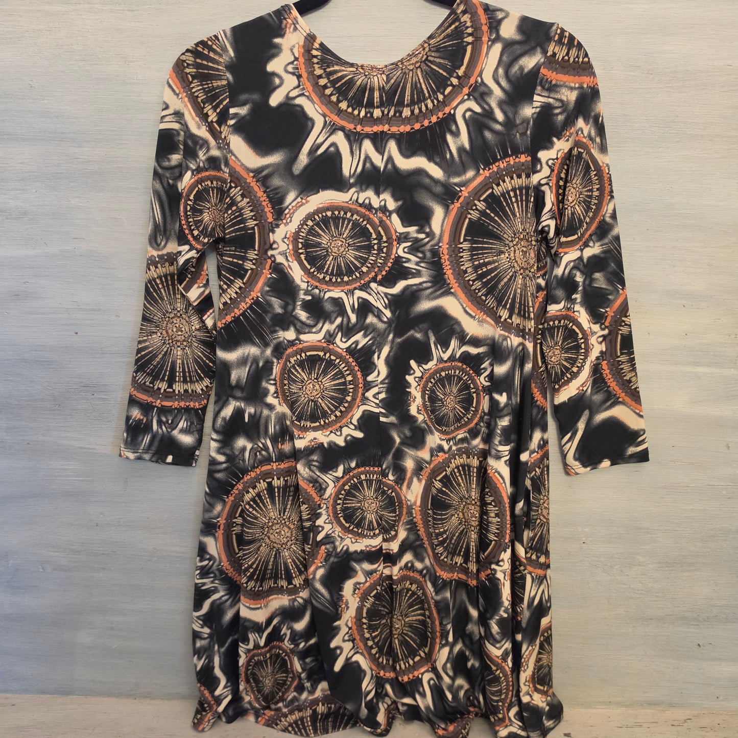 Multicolor Sunburst Medallion Print 3/4 Sleeve Mini Dress Size Small Good Condition