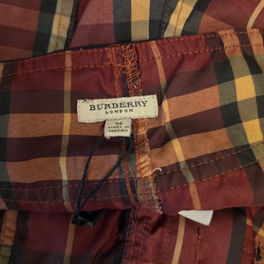 Burberry London Burgundy Black Tan Plaid Tie Waist Board Shorts Size Medium Good Condition