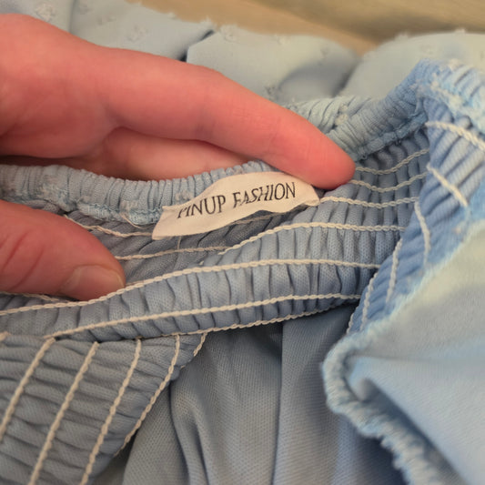 Pinup Fashion Pale Blue Swiss Dot Above Knee Baby Doll Dress Size Large Good Condition
