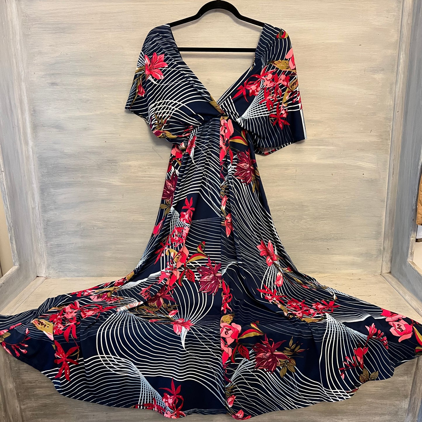 24seven Comfort Apparel Vneck Abstract Floral Print Maxi Dress Size Large Good Condition
