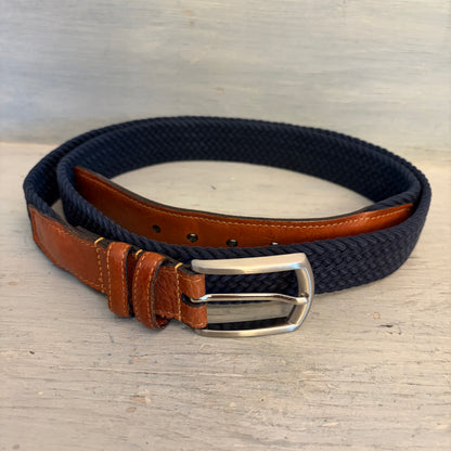 Torino Men's Navy Woven Stretch Belt with Brown Leather Trim 52" Good Condition