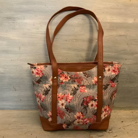 Rosetti Faux Brown Leather Pink Purple Floral Print Shoulder Bag Purse Good Condition