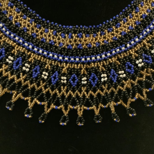 Beautifully Hand Beaded Gold Blue Black Statement Necklace 20”-23” New