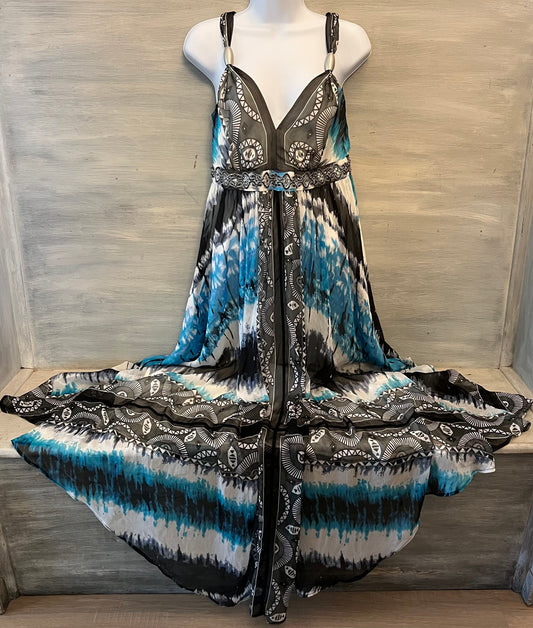 White House Black Market Aqua Charcoal Tie Dye Abstract Print Maxi Sun Dress Size 6 Good Condition