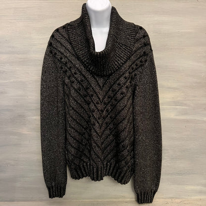 600 West Black Metallic Silver Thread Vneck Sweater w/ Removable Cowl XL Good Condition