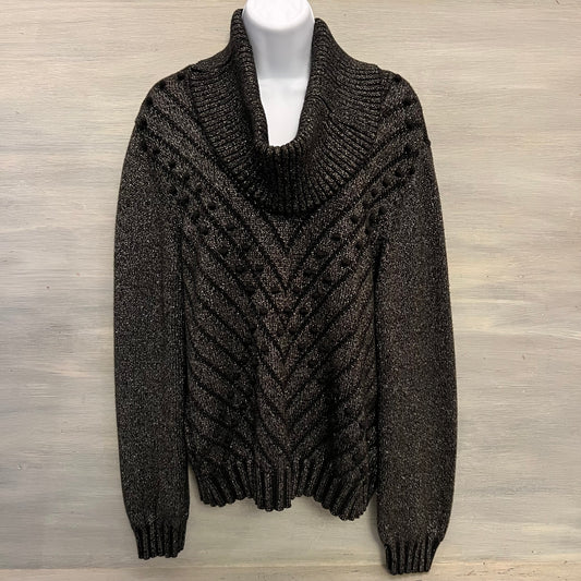 600 West Black Metallic Silver Thread Vneck Sweater w/ Removable Cowl XL Good Condition