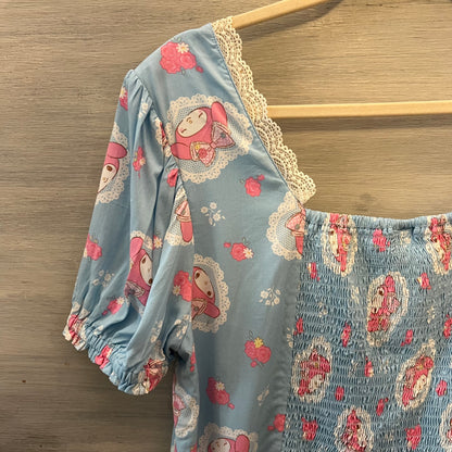 My Melody by Sanrio Multicolor Graphic Print Button Down Crop Top Shirt Size 2XL Good Condition
