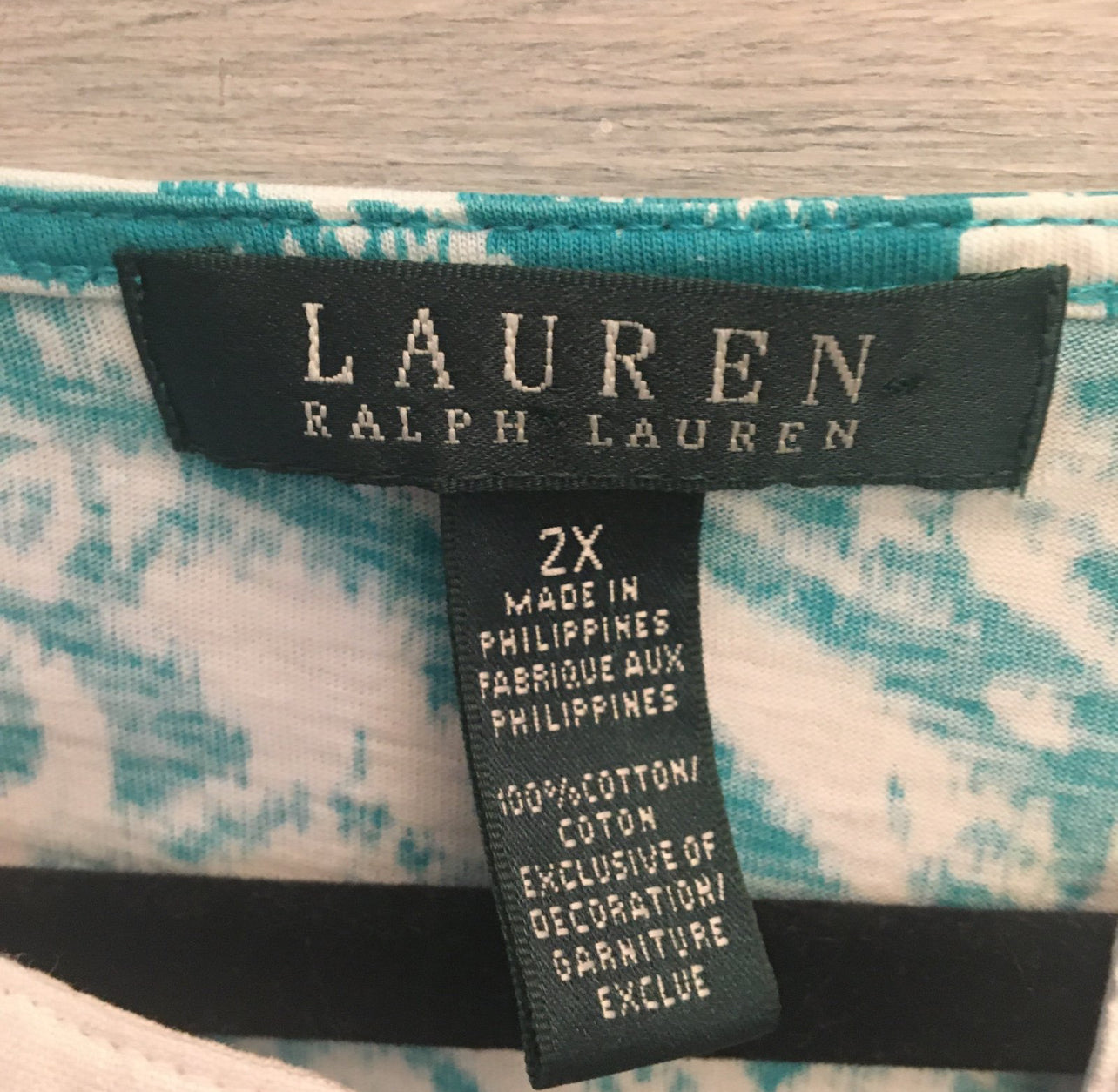 Ralph Lauren 100% Cotton Aqua Blue White 3/4 Sleeve Tunic Top Blouse Size 2X Like New