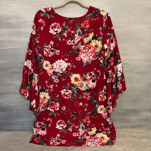 Everly Red Floral Print 3/4 Exaggerated Bell Sleeve Tunic Dress Medium Like New