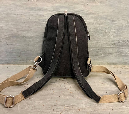 Gray Canvas Backpack Purse Adjustable Straps Zip Closure Front Pockets Like New