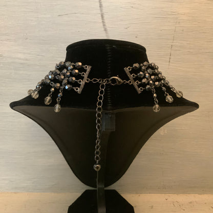 Black Faceted Multi Strand Beaded Choker Necklace w/ Dangling Beads 13-16" Good Condition