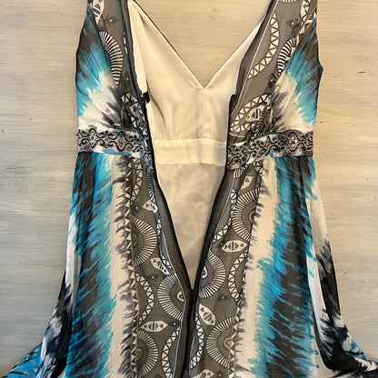 White House Black Market Aqua Charcoal Tie Dye Abstract Print Maxi Sun Dress Size 6 Good Condition