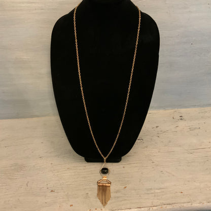 Long Gold Tone Geometric Tassel Pendant Statement Necklace 39-43" Good Condition