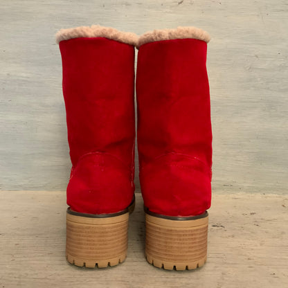Red Faux Suede Chunky Heel Lug Sole Short Winter Boots Size 9/40 Good Condition