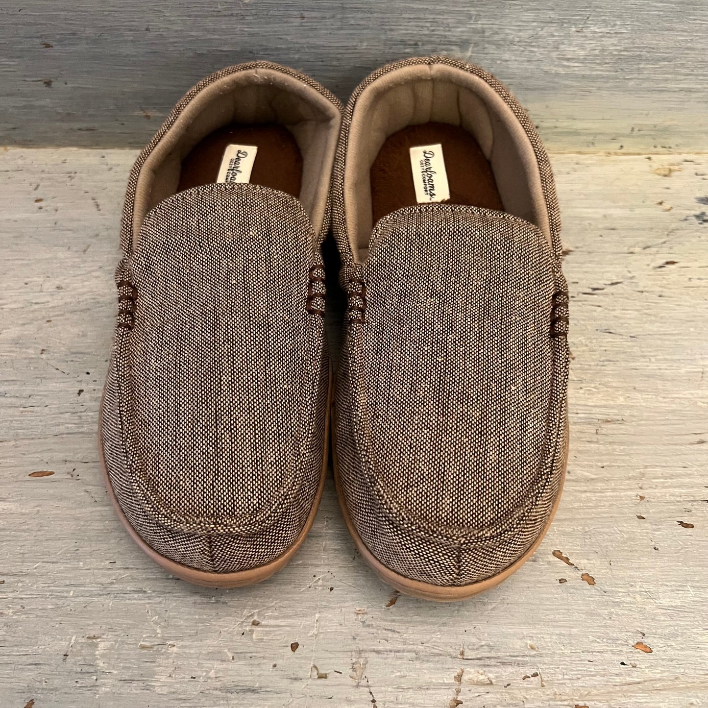 Dearfoams Cozy Comfort Tan Tweed Canvas Rubber Sole Slippers 9-10 Like New