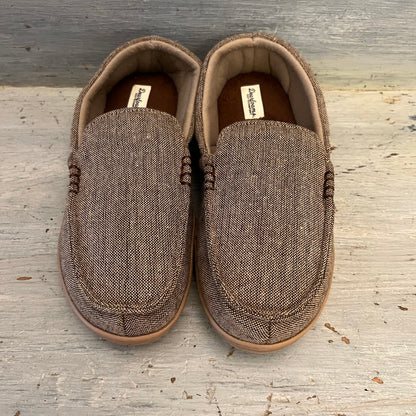 Dearfoams Cozy Comfort Tan Tweed Canvas Rubber Sole Slippers 9-10 Like New