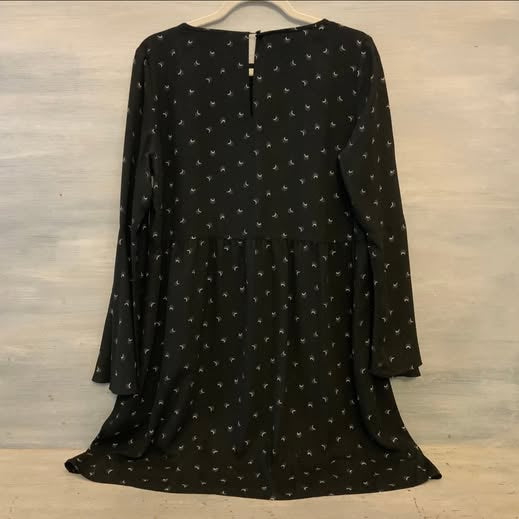 Loft Empire Waist Bell Sleeve Black Silver Crescent Moon Print Dress Medium Like New