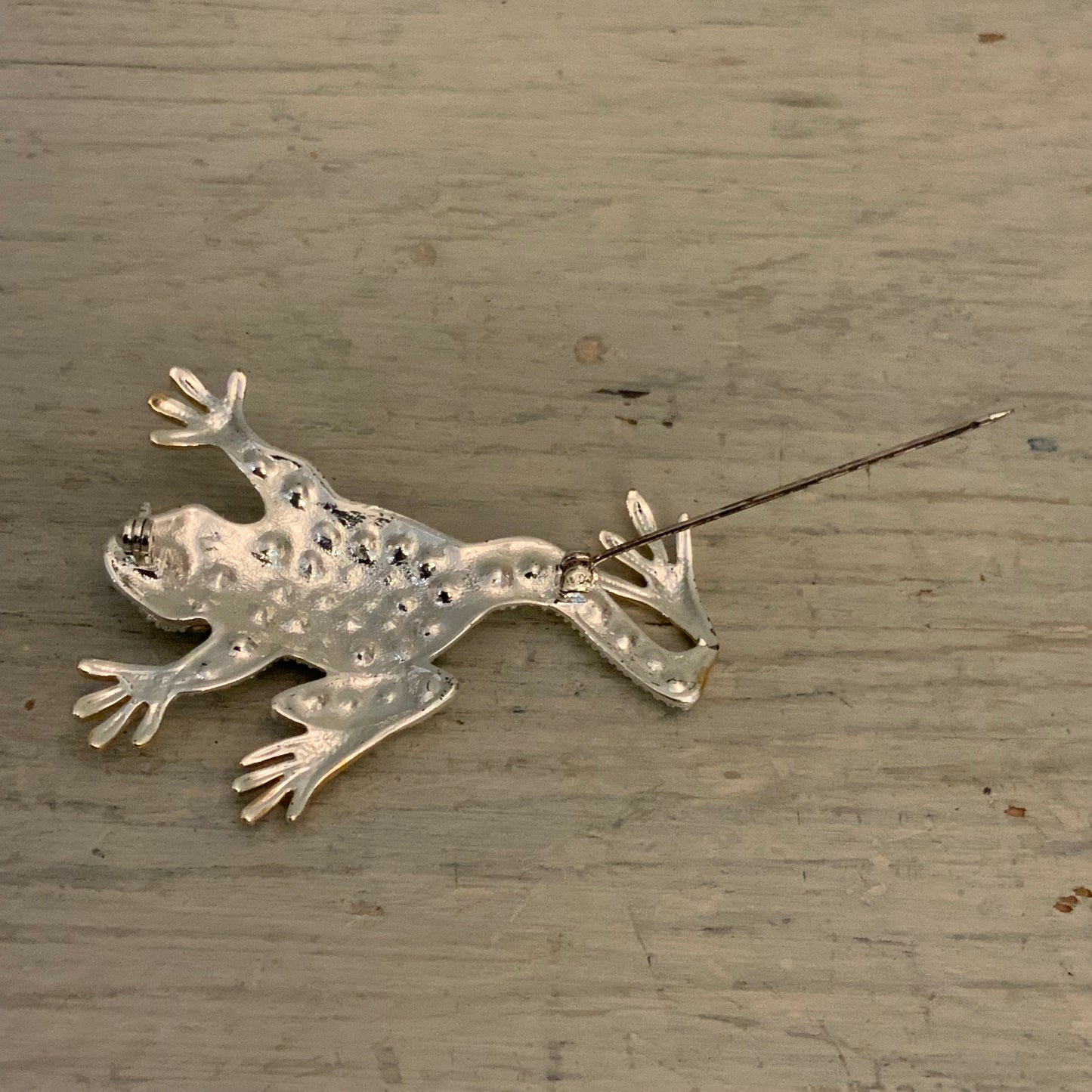 Vintage Silver & Gold Tone Bejeweled Frog Brooch Pin 2.5" Good Condition