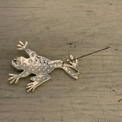 Vintage Silver & Gold Tone Bejeweled Frog Brooch Pin 2.5" Good Condition