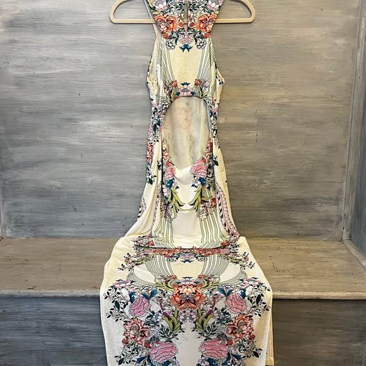 Ark & Co. Asian Inspired Floral Print Sleeveless Open Back Full Length Dress Small Like New