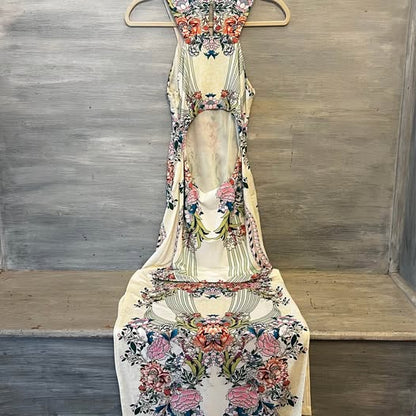 Ark & Co. Asian Inspired Floral Print Sleeveless Open Back Full Length Dress Small Like New