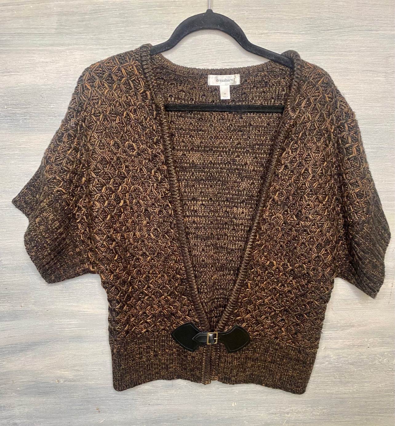 Dress Barn Black Orange Faux Leather Closure Wide Short Sleeve Cardigan Sweater Medium Good Condition