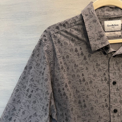 Goodfellow Northrop Slim Fit Gray Nature Print Button Down Shirt Size XL Good Condition