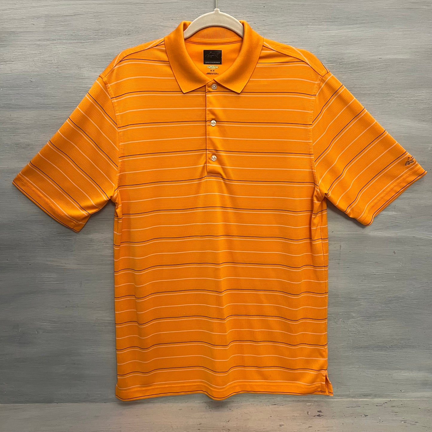 Greg Norman Play Dry Orange Striped Short Sleeve Polo Shirt Size Medium Good Condition