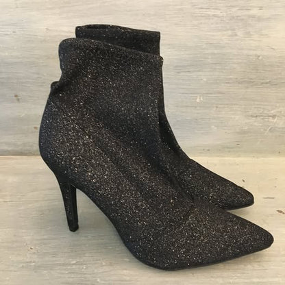 Brash Black Metallic Sock Booties Boots Size 8.5 US 4 inch Heels New Years Eve Like New