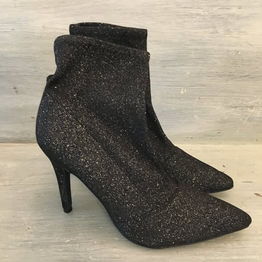 Brash Black Metallic Sock Booties Boots Size 8.5 US 4 inch Heels New Years Eve Like New