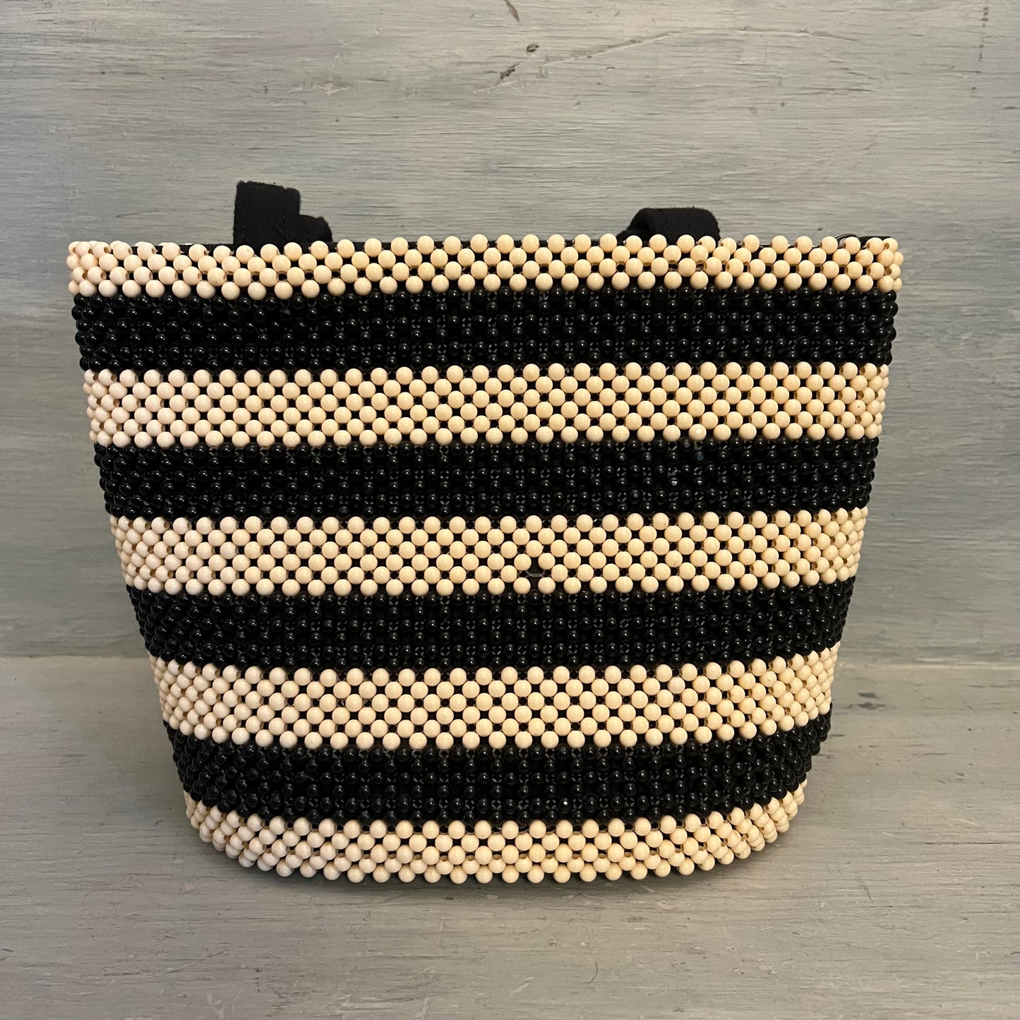 Vintage Beaded Black Cream Stripe Shoulder Bag Purse Good Condition