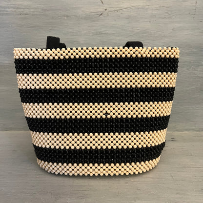 Vintage Beaded Black Cream Stripe Shoulder Bag Purse Good Condition