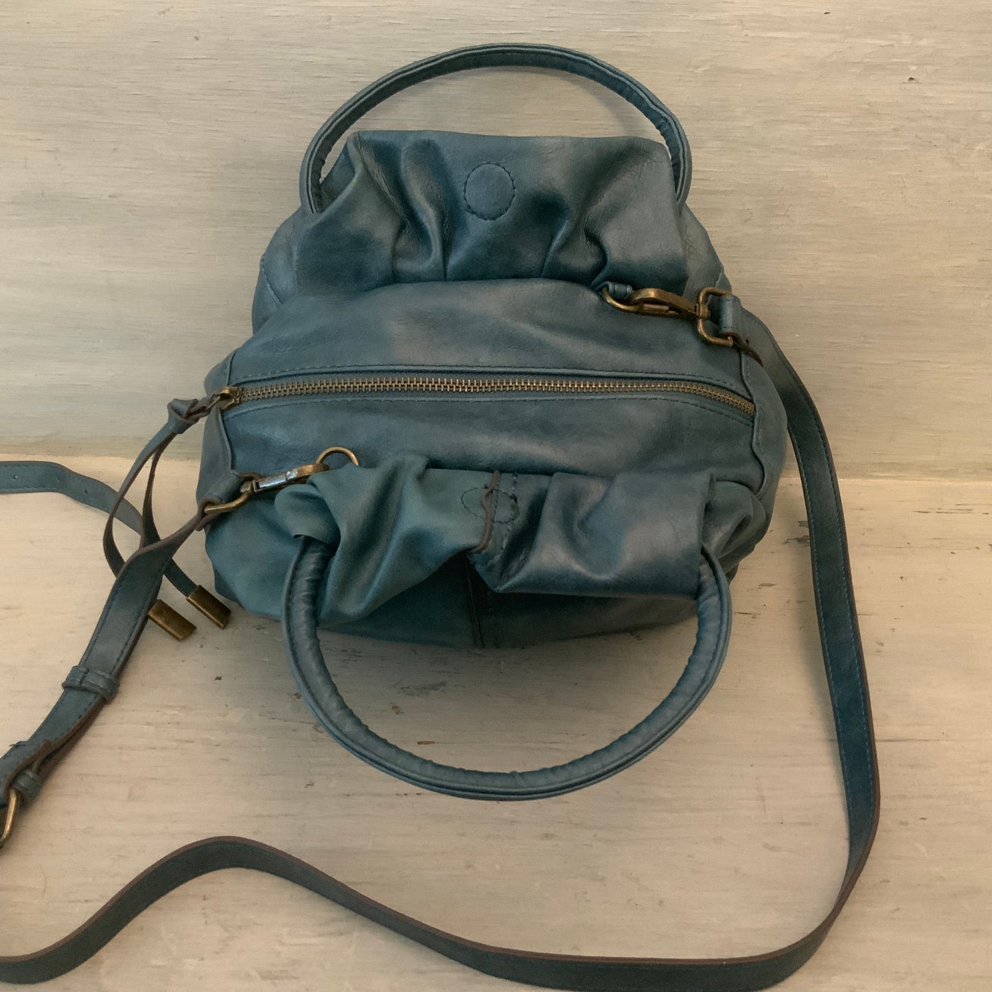 Dusty Blue Gray Faux Leather Slouchy Satchel Crossbody Bag Purse Good Condition