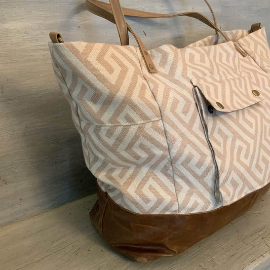 Mossimo Canvas Greek Key Faux Brown Leather and Suede Overnight Weekender Bag Good Condition