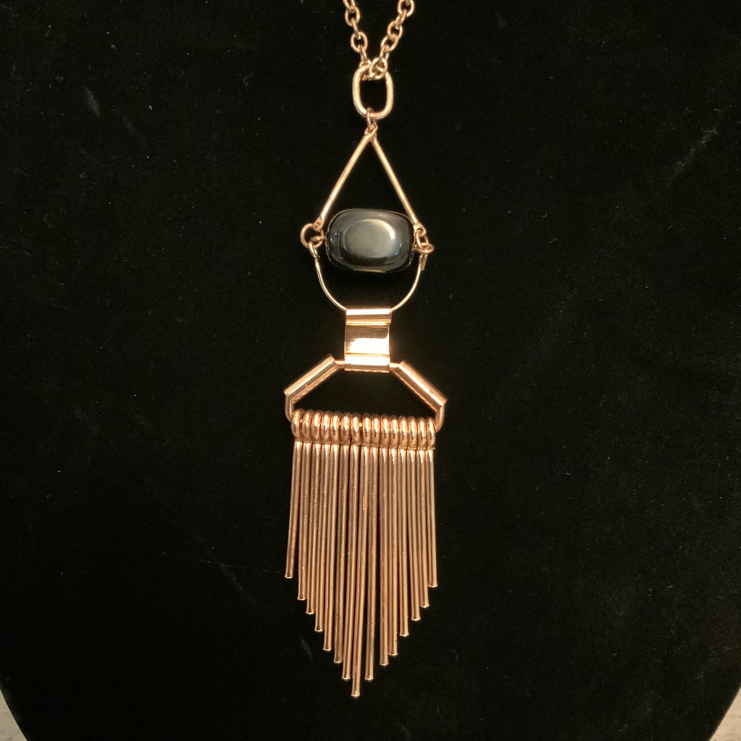 Long Gold Tone Geometric Tassel Pendant Statement Necklace 39-43" Good Condition