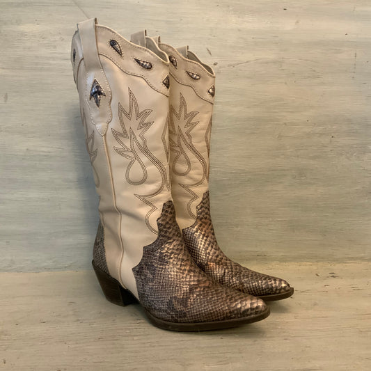 Reba by Justin Faux Tan Leather Bronze Snake Skin Cowgirl Boots Size 6.5 Good Condition