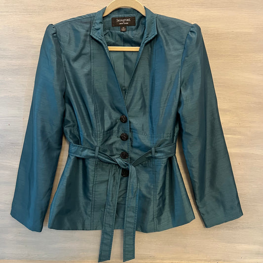 Vintage Signature by Larry Levine Teal Iridescent Sheen Trench Jacket Size10 Good Condition