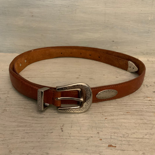 Top Grain Brown Leather Engraved Silver Tone Ornamental Western Belt 42-46" Good Condition