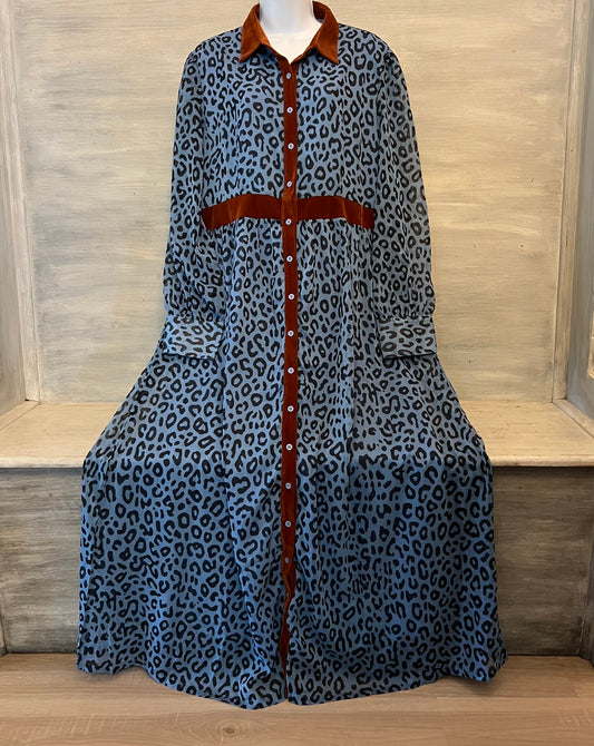 Blue Leopard Print Faux Brown Suede Button Down Maxi Dress Size 2XL Like New