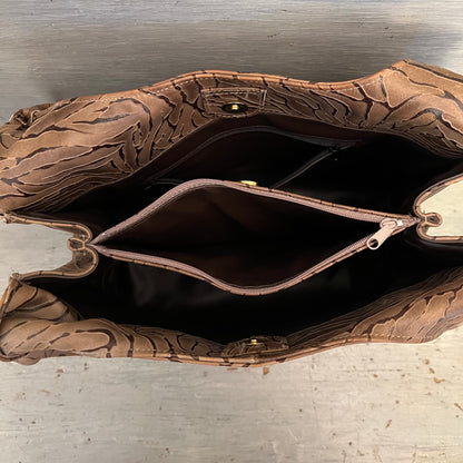 Faux Leather Tan Organic Pattern Shoulder Bag Purse 14x13x6 Like New