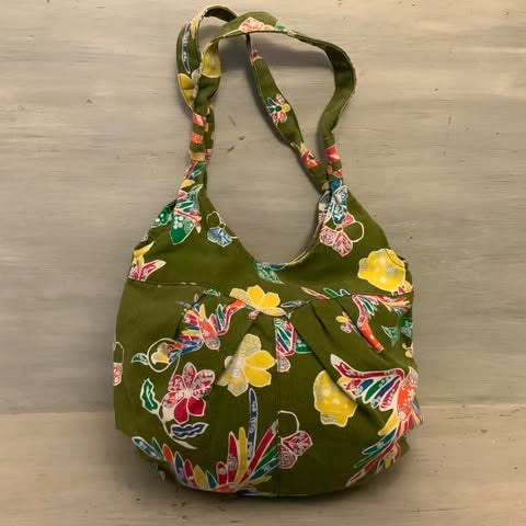 Boho Colorful Bird Flower Skull Print Olive Canvas Hobo Shoulder Bag Purse Good Condition