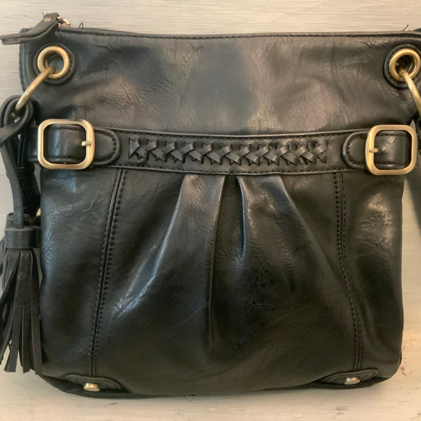 Love One Love All Faux Black Leather Crossbody Shoulder Bag Purse Good Condition