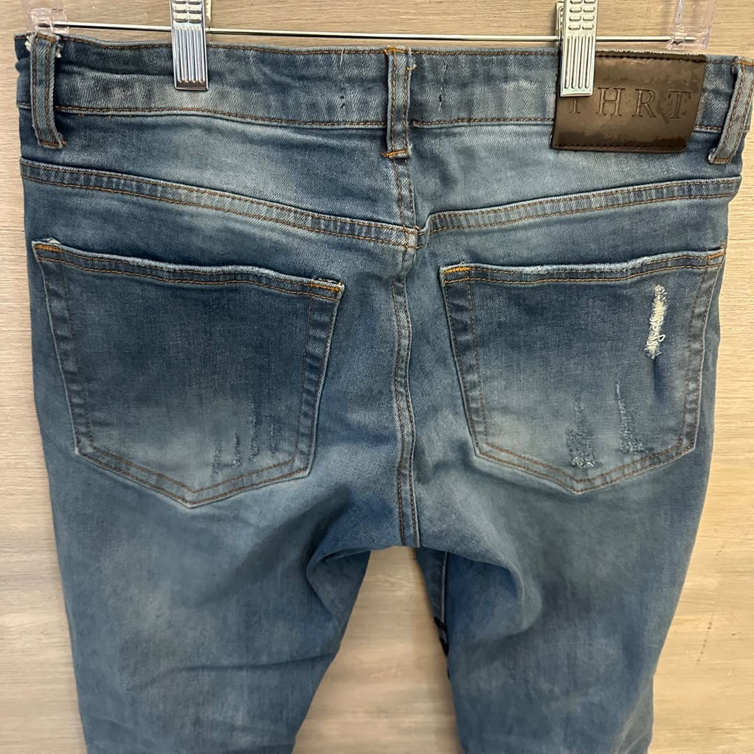 THRT 98% Cotton Jeans Graphic Design Ripped Knee Good Condition