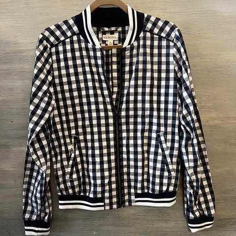 Merona White Navy Blue Check Bomber Jacket 70% Cotton Size Medium Like New