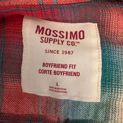 Mossimo Teal Red Plaid 60% Cotton Flannel Button Down Shirt Large Good Condition