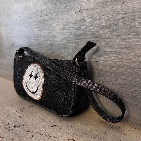 Skinny Dip Black Shimmer Rhinestone Smiley Face Shoulder Bag Purse Like New